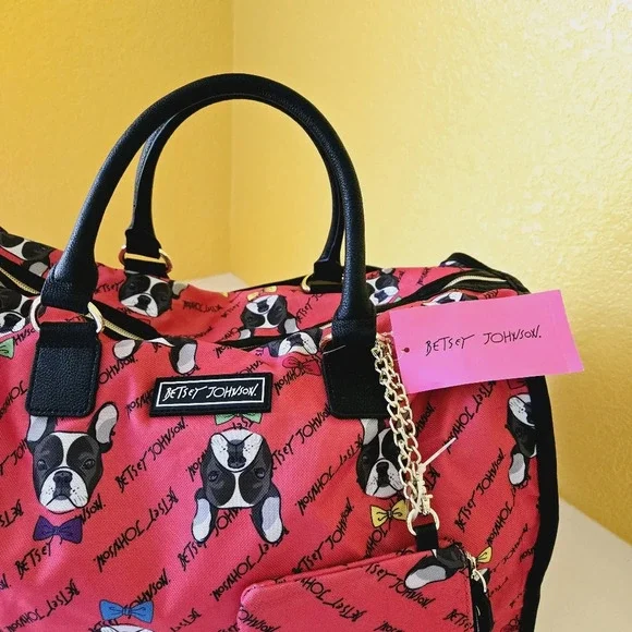 Betsey Johnson French Bulldog Weekender Duffel Travel Zip Carry-on Nylon Bag - Picture 4 of 15